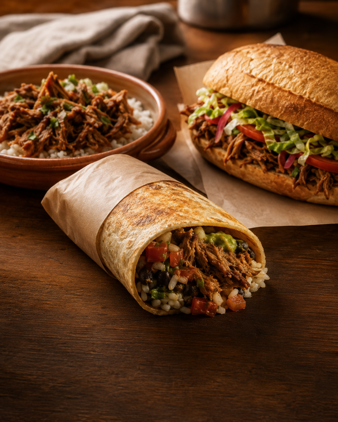 Burrito, bowl y torta de PullStack